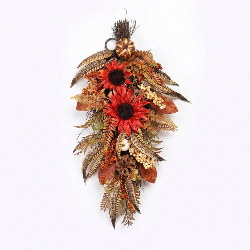Décoration murale en forme de goutte d'automne avec tournesols rouges, citrouilles et pommes de pin, décoration murale de l'Action de grâce rustique