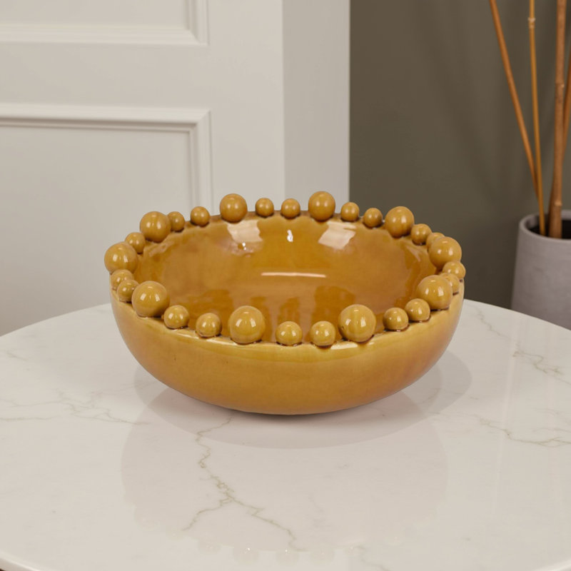 Bol décoratif Saul, corps en céramique de 16 pouces, bords à motif de bulles, Jaune