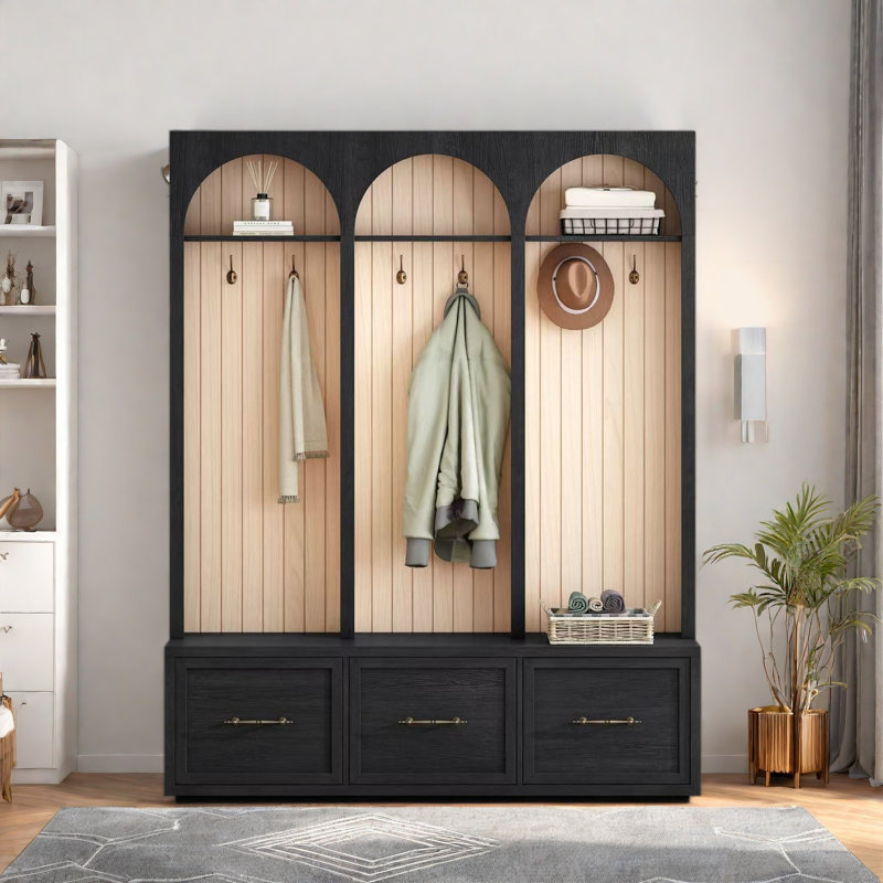 Farmhouse Wooden Style Hall Tree With Arched Design, Bench, 8 Retro Hooks, And 3 Drawers, Black