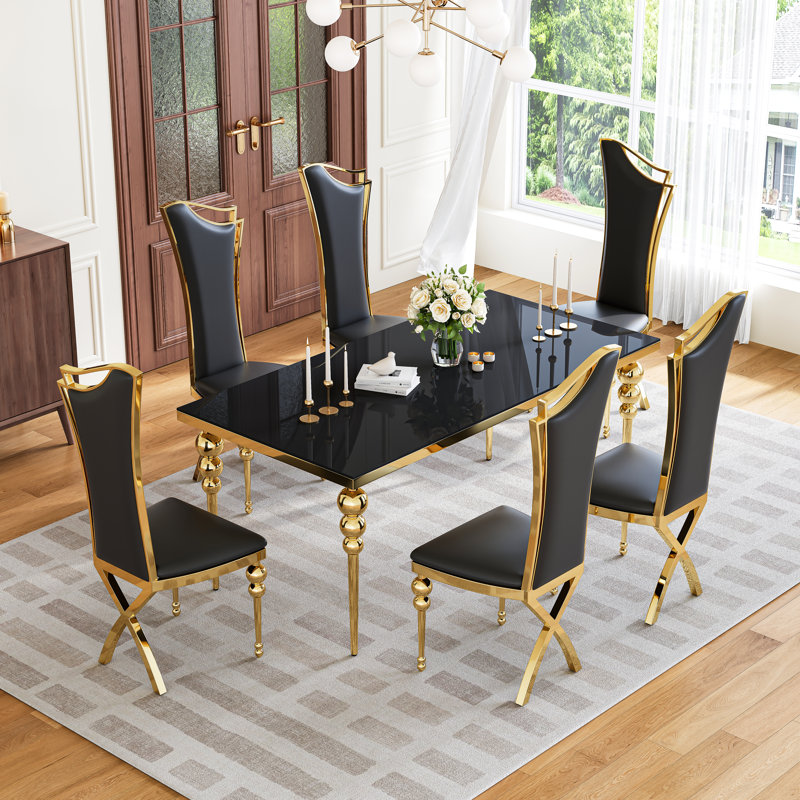 70" Rectangular Dining Table Set With Modern Luxury Gold Stainless Steel Gourd Legs Withtempered Glass Tabletop, Streamlined PU Leather Chairs With Gold Ball Accents