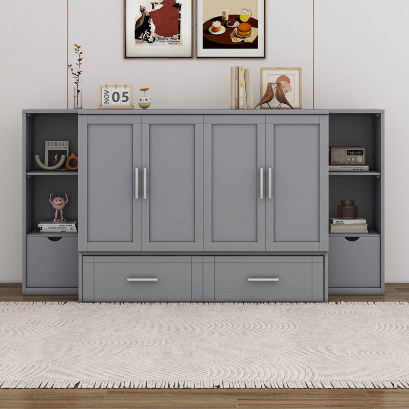 Lit escamotable double avec tablettes, tiroirs et ports USB, gris