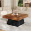 Table basse moderne carrée 31,5 po pour le salon, plateau en grain de bois brun et base noire, table d'appoint de style maison de campagne de style Mid-Century