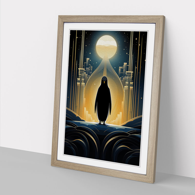 Penguin Art Deco - Framed Print, 46cm H x 34cm W, Oak Framed