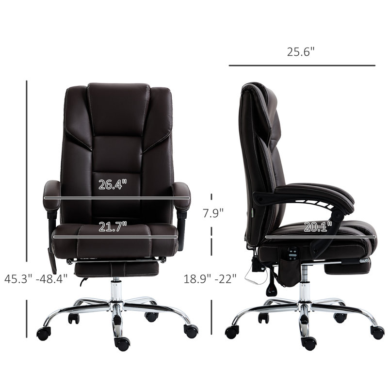 Fauteuil de massage avec 6 points de vibration et une chaleur lombaire, réglable, repose-pieds, inclinable, cadre de bureau en cuir PU brun, chauffé, réglable en hauteur,