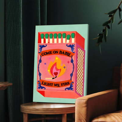1 pièce d'art mural encadré, impression sur toile colorée sur le thème de la boîte d'allumettes avec «Come On Light My Fire», impression pop art rétro pour le salon, la chambre à coucher, le bureau - pièce de décoration unique et amusante