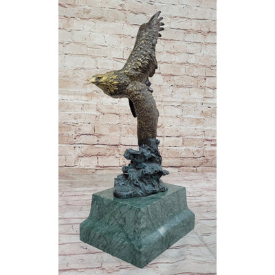 American Bald Eagle Flying Sideways Bronze Sculpture Statue On Green Marble Base