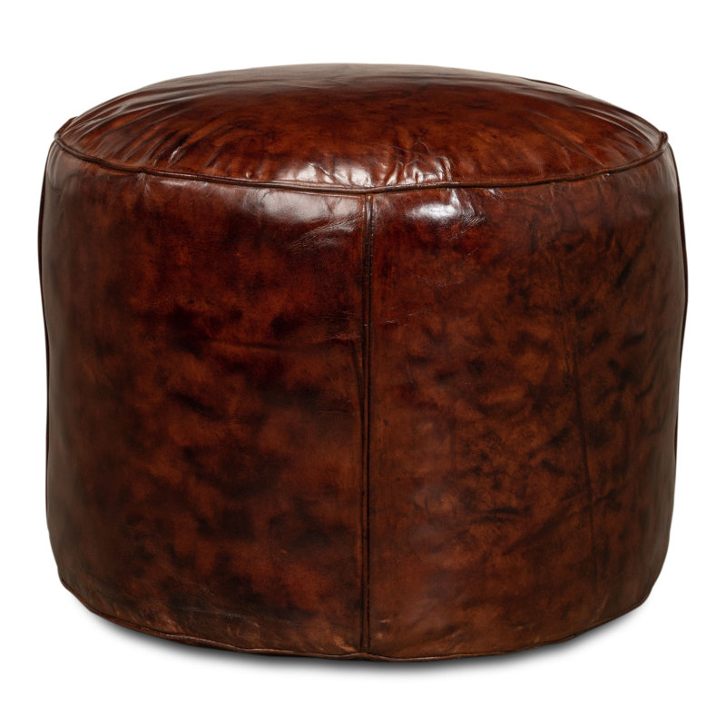 Round Pouf, Brown Genuine Leather