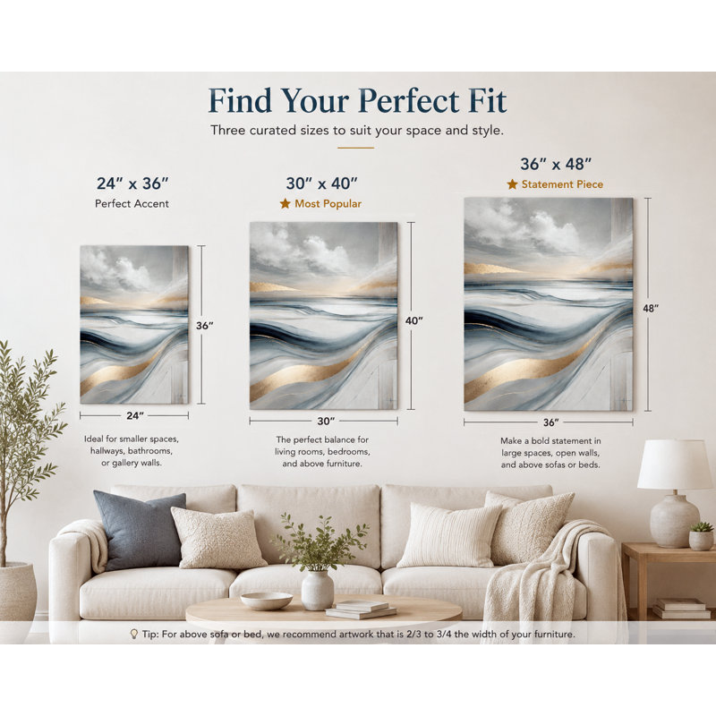 Horizon Serenity - art abstrait sur toile tendue paysage marin, 36" H x 48" W x 1.5" D