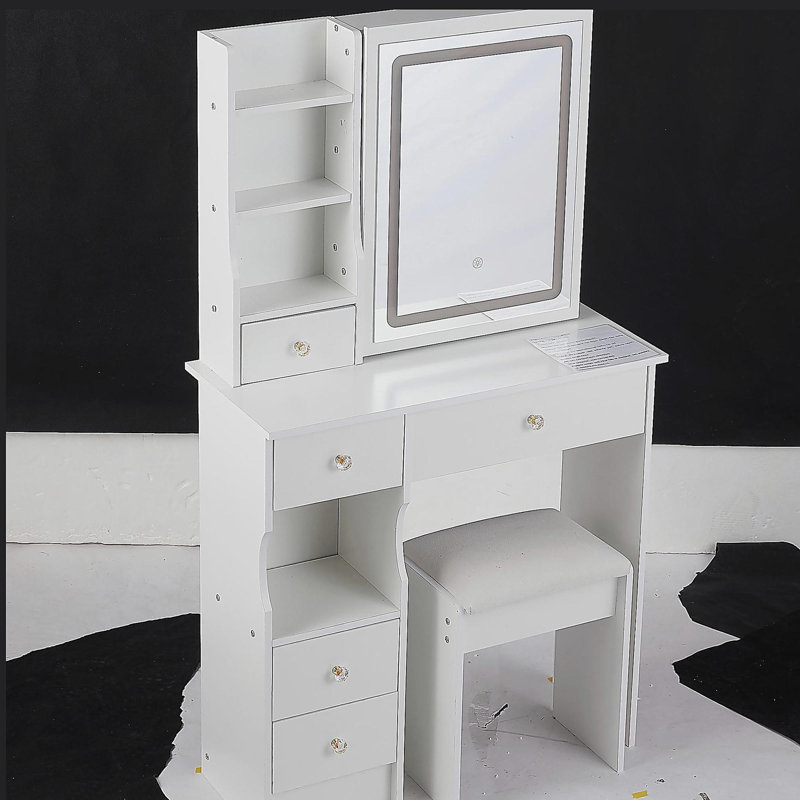 Petit meuble-lavabo de 29,2 po avec tabouret de bureau et tabouret rembourré à gauche 29,2 po, grande commande tactile, interrupteur tricolore, miroir à luminosité réglable, rangement à grande capacité, convient aux petits espaces
