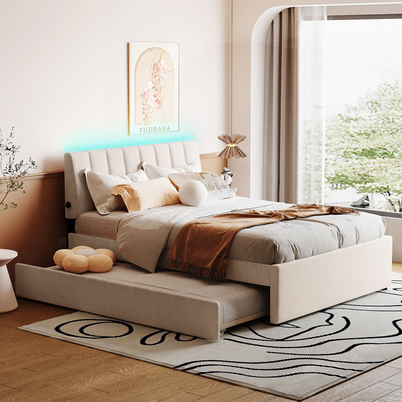 Sable Teddy Fleece Upholstered Platform Bed with Trundle & LED Lights, Beige, Full