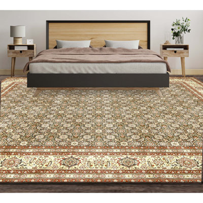 Tapis vert olive et beige noué à la main de haute qualité