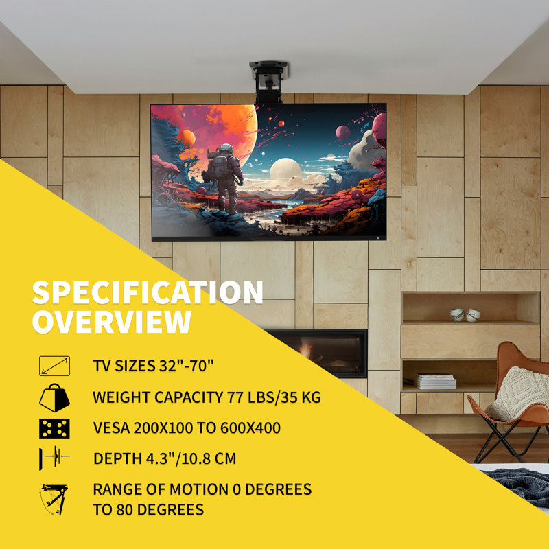 Motorized Black Steel Ceiling TV Mount for 32-70 Inch Screens