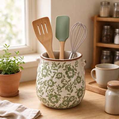Ceramic Utensil Holder with Floral Pattern, Vintage Farmhouse Kitchen Crock, Large Capacity Cooking Tool Organizer with Non-Slip Base, Rustic Countertop Decor