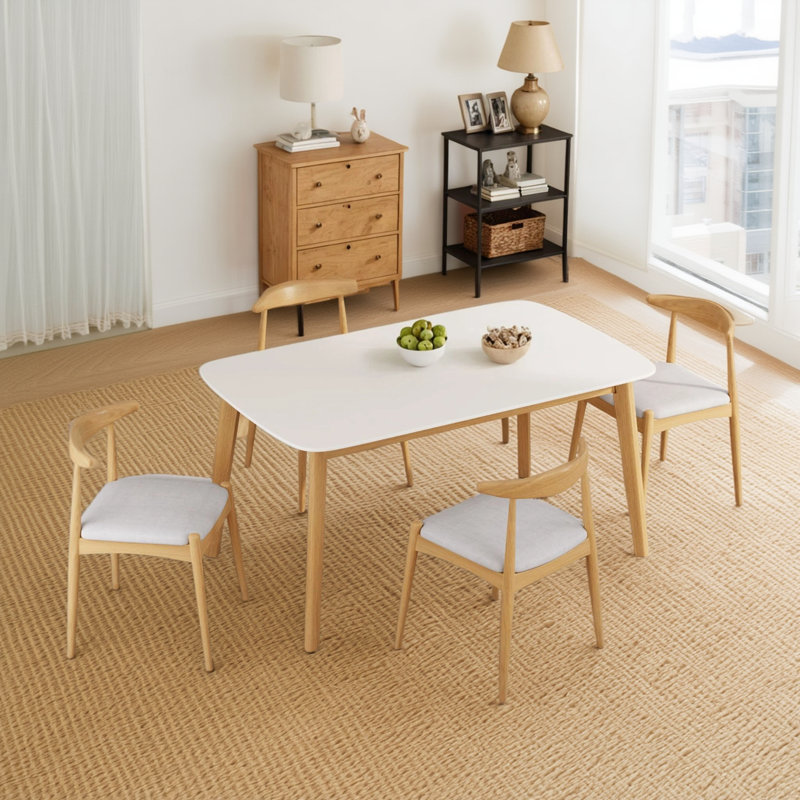 Ensemble de table de salle à manger Mid-Century 5 pièces, Naturel, Blanc, Beige