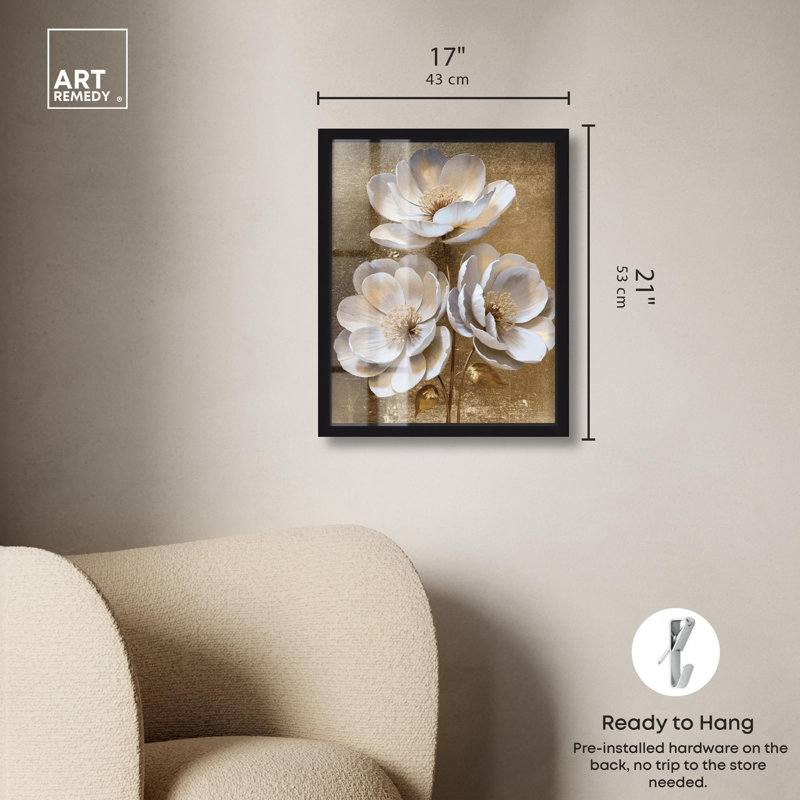 «In Bloom», impression florale dorée par Art Remedy, Noir, H 21 po x l 17 po