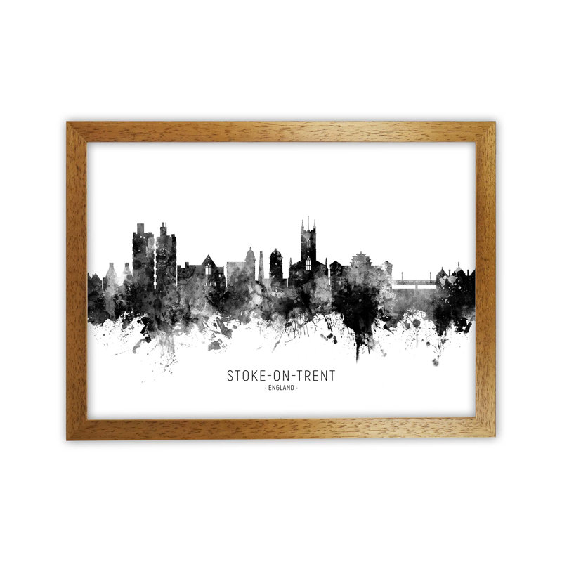 Stoke-on-Trent England Skyline Black White City Name by Michael Tompsett - Print, 46cm H x 63cm W x 3cm D, Brown Framed