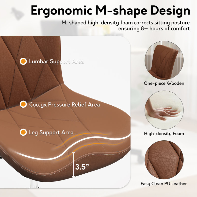 Fauteuil de bureau d'ordinateur sans accoudoirs, fauteuil de bureau ergonomique en cuir à dossier moyen avec roulettes et support lombaire pour la maison