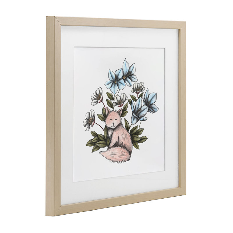 Reproduction sous verre encadrée d'un doux renard avec des fleurs, design par Cecilia Battaini, H 16 po x l 16 po