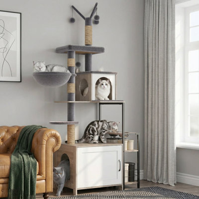 Multi-Level Cat Tree with Food Station & Litter Box Enclosure, Sisal Scratching Posts, Plush Hammock, Gray