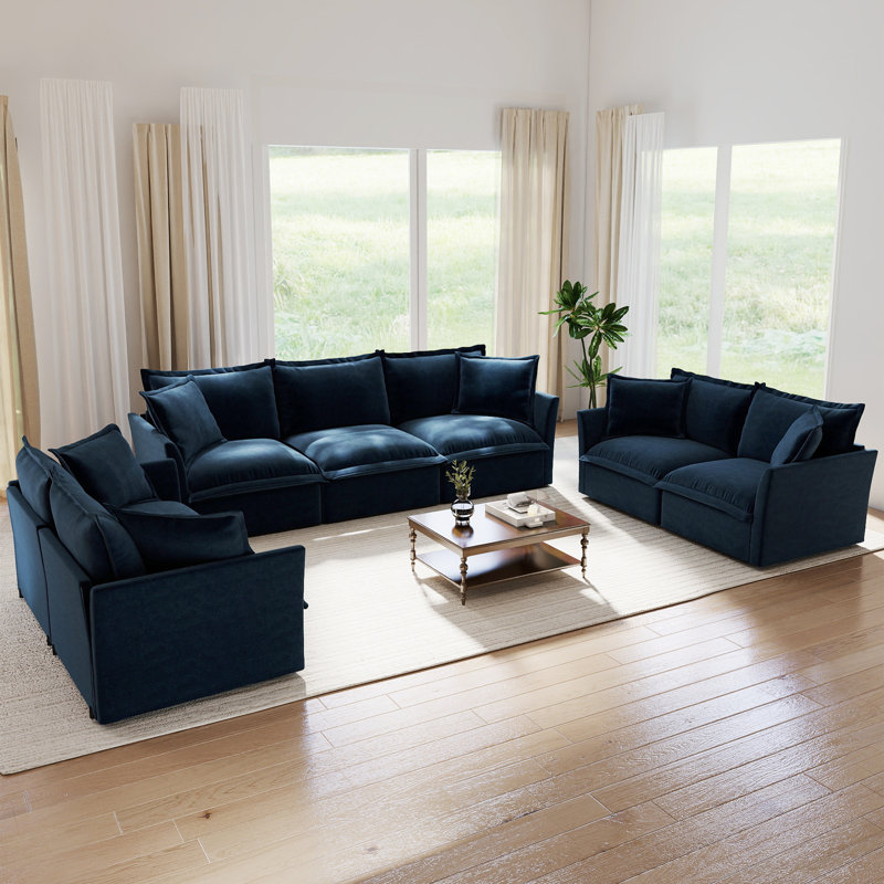 Ensemble de salon, ensemble de 3, canapé en chenille, pour salon, 3 Pcs: 2 Loveseats, Sofa, Blue Chenille