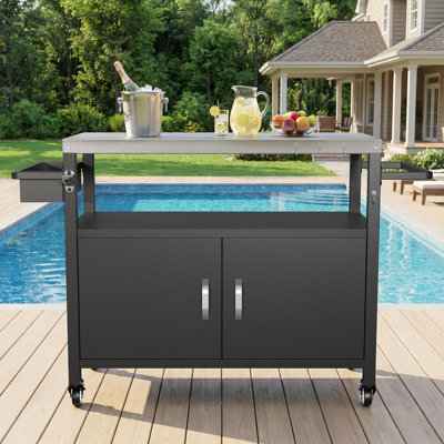 Outdoor Patio Family BBQ Party Bar Cart Portable With Stainless Steel Countertop, For Kitchen Prep And Grilling