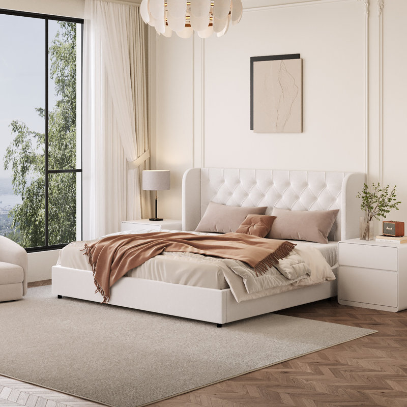 Lit plateforme tapissier Kewania Bedback, Blanc, Très grand lit