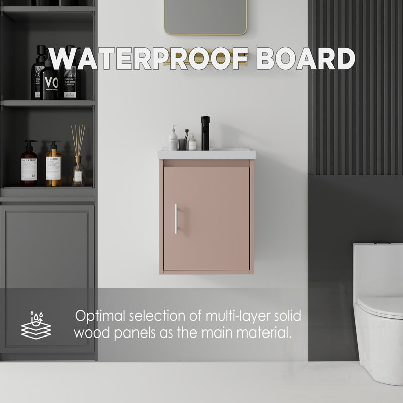Meuble-lavabo flottant avec lavabo, porte à fermeture en douceur, lavabo en céramique, contreplaqué, Pink, 16" W