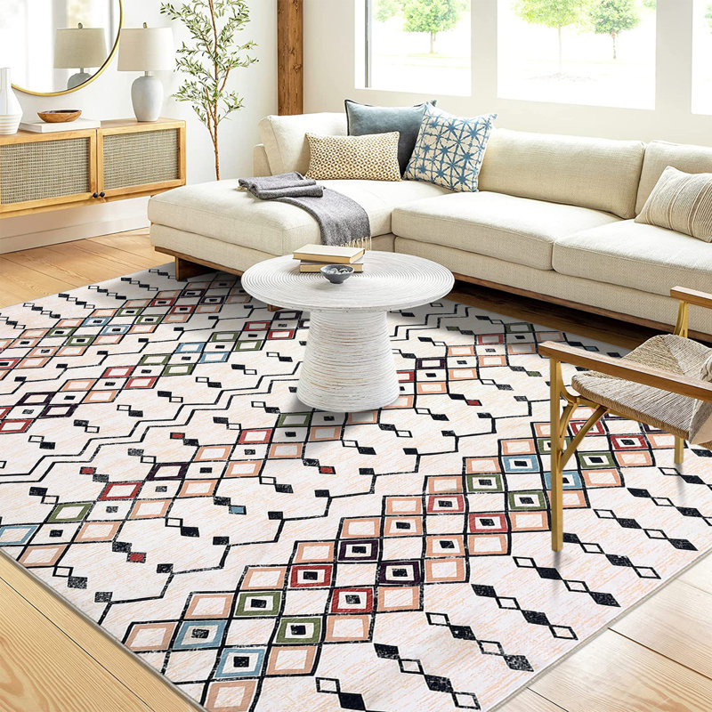 Washable Area Rug for Bedroom Geometric Moroccan Distressed Rug for Living Room Hallway Runner Rug Soft Striped Abstract Aesthetic Rug Enterway Floor Mat Non Slip Low Pile Stain Resistant Carpet for Kitchen Laundry Office