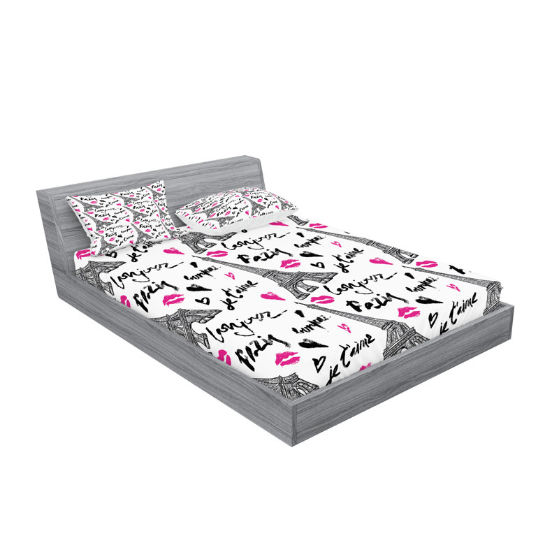 Drap-housse et coussin décoratif Ambesonne Paris - blanc, noir et rose, Ensemble de draps pour grand lit + 5 pièces suppl