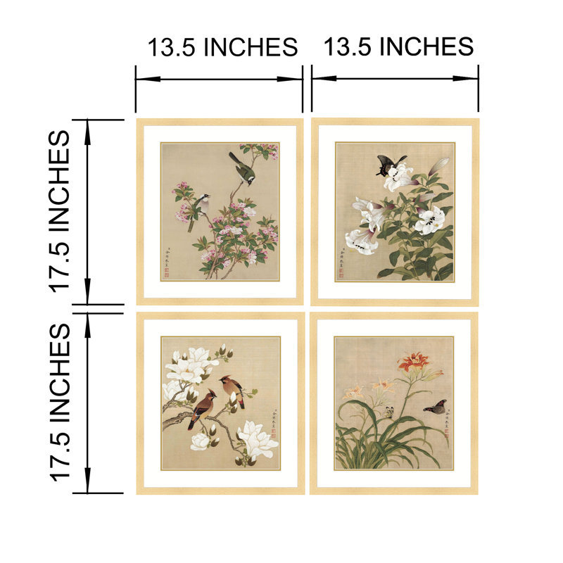 Masterpiece Collection Birds and Butterflies in Spring by Yu Zhi - 4 Piece Single Picture Frame Print Set, 35" H x 27" W