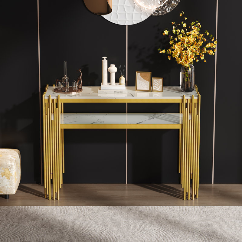 Wooden Console Table With Storage Shelves And Golden Legs, White