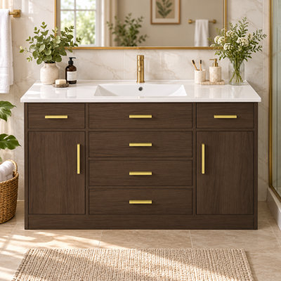 Meuble-lavabo Lumen 48 po avec portes à fermeture douce et six tiroirs offrant beaucoup d'espace de rangement