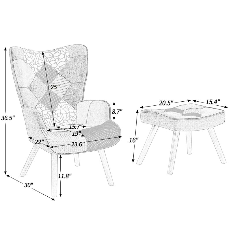 Fauteuil d'appoint en tissu de lin avec pieds en bois Patchwork, Bleu/brun