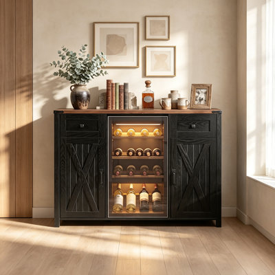 53" Farmhouse Coffee Bar Cabinet with Built-in Outlet and Mini Fridge Enclosure, Fluted Buffet Sideboard