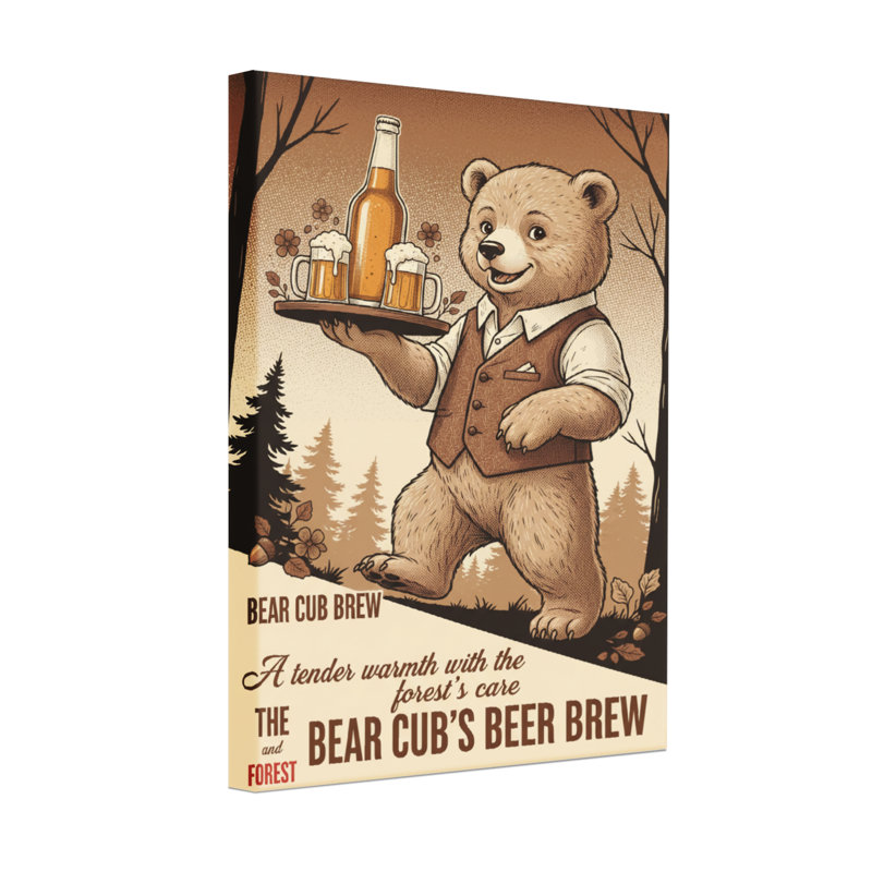 Ourson tendance servant de la bière dans une scène de forêt, H 30 po x l 20 po