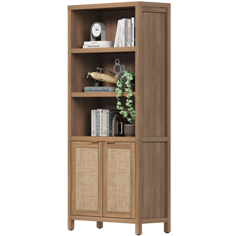 Bibliothèque en rotin d'inspiration bohémienne avec armoire de rangement et tablettes réglables, Brun, 1