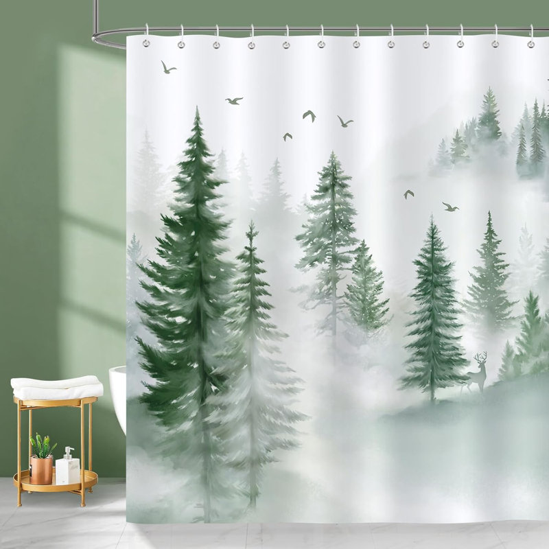 Ensemble de rideau de douche Misty Forest avec crochets - Rideau de salle de bain en polyester imperméable avec motif boisé naturel, ourlet lesté pour plus d'intimité