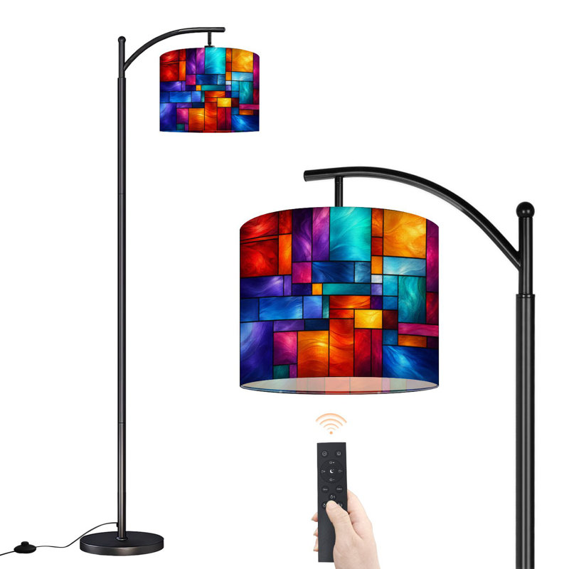 Lampe sur pied à arc avec abat-jour réglable Motif de vitrail Lampe sur pied 3 températures de couleur Lampe à mât haut avec interrupteur au pied pour la chambre à coucher