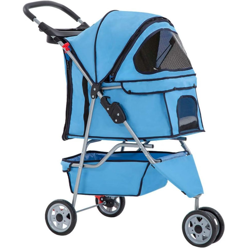 Blue 3-Wheel Folding Pet Stroller for Dogs
