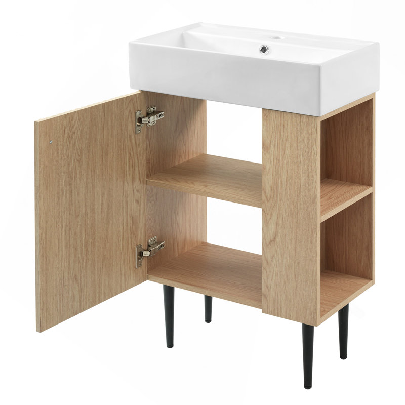 Meuble-lavabo en bois 21,6 po, armoire combinée, meuble de rangement pour salle de bain, lavabo simple en céramique, rangement sur le côté droit