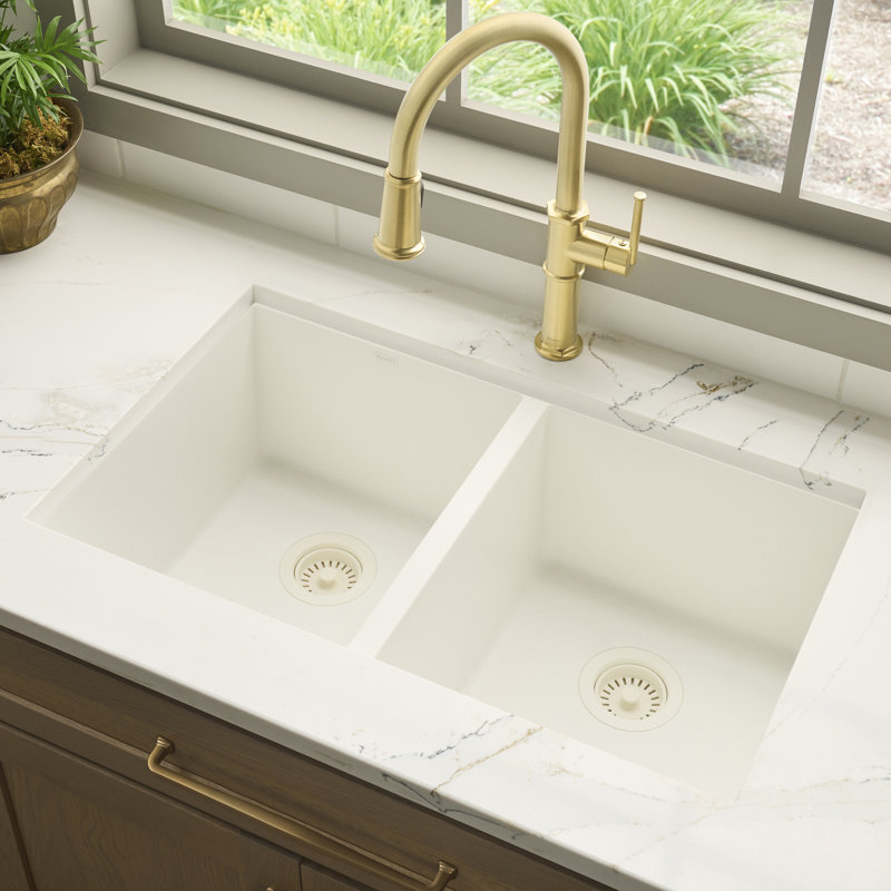 Ruvati 32 x 19 inch Granite Composite Undermount Double Bowl Kitchen Sink, Arctic White