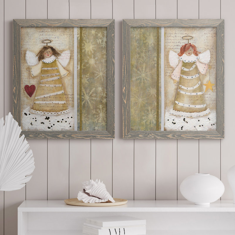 «Cloud Angel with Heart», ensemble de 2 peintures, H 20 po x l 17 po x P 1 po, Toile avec cadre gris, Pas de tapis