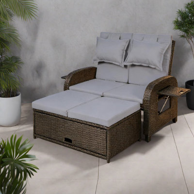 Convertible Patio Sofas, Rattan With Steel Frame, Modern Outdoor Daybed