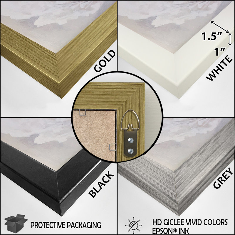 Art sur toile, feuilles bleues et grises, H 24 po x l 32 po x P 1 po, Cadre simple argenté