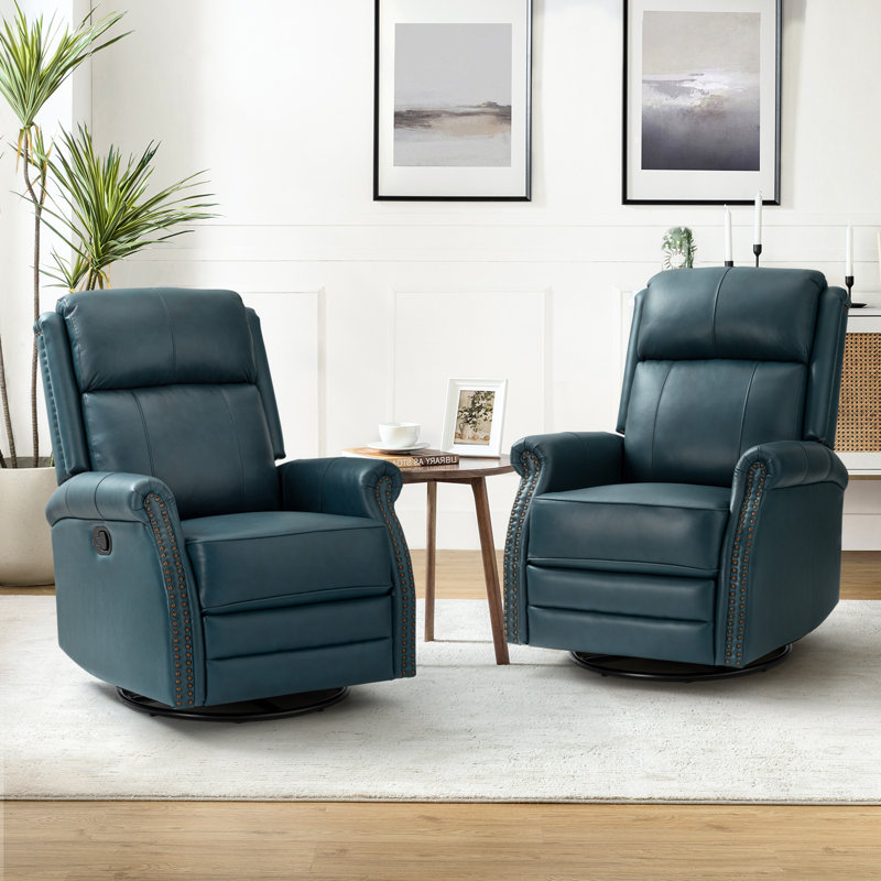 Anouschka 30.5" Wide Swivel Rocking Genuine Leather Manual Recliner, Turquoise Genuine Leather