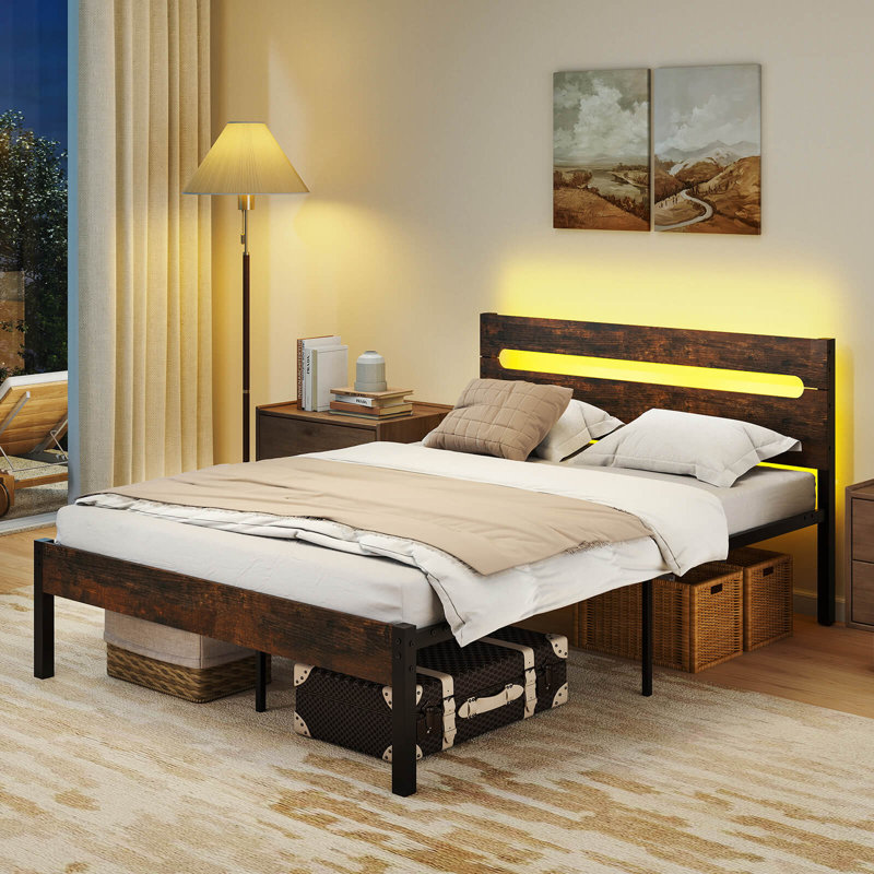 Structure de lit double avec base de charge intégrée, base de matelas robuste brun rustique + noir, Noyer / Noir