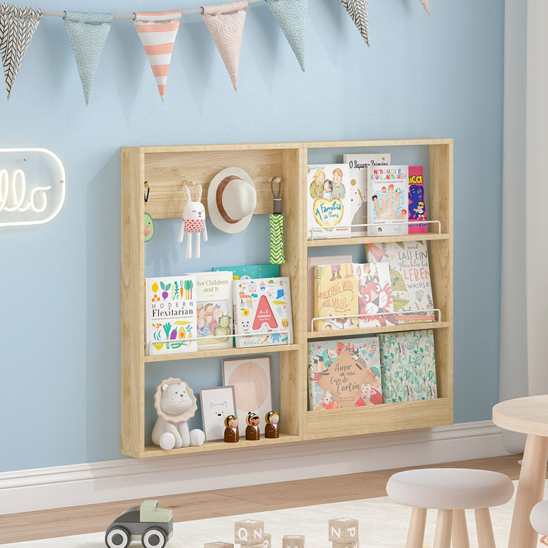 Wall-Mounted Floating Bookcase – 5-Tier Adjustable Shelf with Metal Guards & Hooks, Stackable Modular Design, Natural Wood