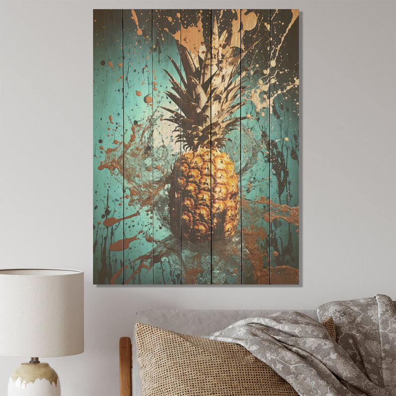 Ananas abstrait turquoise torsadé - ananas sur bois, H 20 po x l 10 po
