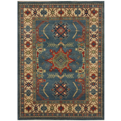 Tapis zone en laine noué la kazak bleu/ivoire 5 pi x 7 pi one-of-kind Blaise