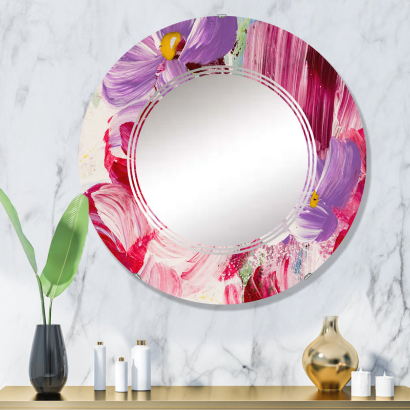 Fleurs abstraites rouges et mauves - Miroir mural moderne rond, 32 po x 32 po